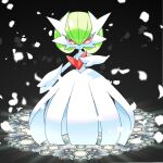  black_background bob_cut dress elbow_gloves falling_petals gardevoir gloves green_hair looking_at_viewer mega_gardevoir mega_pokemon petals pink_eyes pokemon pokemon_(creature) simple_background white_dress white_gloves zakro 