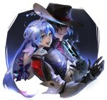  1boy 1girl bare_shoulders black_gloves black_hair blue_eyes blue_hair boothill_(honkai:_star_rail) cowboy_hat dark_background detached_sleeves finger_gun gloves gun hair_between_eyes halo hat head_wings highres honkai:_star_rail honkai_(series) jacket long_hair mechanical_arms multicolored_hair open_mouth robin_(honkai:_star_rail) shalfeyy sharp_teeth signature sleeves_rolled_up smile teeth upper_body weapon white_gloves white_hair wings zipper 