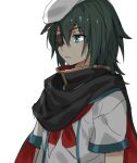  1girl black_cape blue_eyes cape closed_mouth eyepatch green_hair hair_between_eyes hat kantai_collection kiso_(kancolle) kiso_kai_ni_(kancolle) neckerchief red_cape red_neckerchief school_uniform serafuku short_sleeves simple_background solo sugimoto_(niboshiumai) upper_body white_background white_hat 