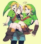  ... 3boys blonde_hair blue_eyes carrying dele14375735 facepaint fierce_deity fireman&#039;s_carry green_tunic highres leather_belt link multiple_boys phrygian_cap spoken_ellipsis the_legend_of_zelda the_legend_of_zelda:_majora&#039;s_mask the_legend_of_zelda:_ocarina_of_time young_link 