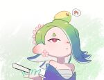  1girl bare_shoulders bird chest_sarashi chick earrings flower_earrings folded_fan folding_fan gradient_hair green_background green_hair hand_fan holding holding_fan jewelry long_hair momobosi multicolored_hair octoling red_eyes sarashi shiver_(splatoon) simple_background solo speech_bubble splatoon_(series) splatoon_3 tentacle_hair white_background 