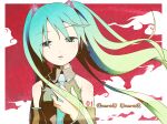  1girl blue_eyes blue_hair boku_mitai_na_kimi_kimi_mitai_na_boku_(vocaloid) collared_shirt detached_sleeves gradient_hair green_hair hair_ornament hand_on_own_chest hatsune_miku headphones headset long_hair long_sleeves looking_at_viewer multicolored_hair nail_polish necktie open_mouth saji shirt sleeveless sleeveless_shirt solo translation_request upper_body vocaloid 