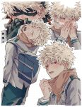  1boy absurdres bakugou_katsuki blonde_hair blush boku_no_hero_academia carrying_bag covering_own_mouth eye_mask grey_background hair_between_eyes hands_in_pockets highres kome_uo long_sleeves looking_at_viewer male_focus multiple_views open_mouth parted_lips polka_dot polka_dot_background red_eyes school_uniform short_hair spiked_hair teeth u.a._school_uniform 