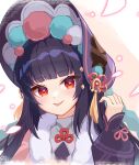  1girl :p aisu_(i_ce_pinon_pino) black_hair blunt_bangs bonnet collar fur_collar genshin_impact hand_up highres lolita_fashion long_hair long_sleeves looking_at_viewer portrait puffy_long_sleeves puffy_sleeves qi_lolita red_eyes smile solo tongue tongue_out white_collar yun_jin_(genshin_impact) 