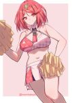  1girl absurdres armpit_crease artist_name bare_shoulders bob_cut border breasts cheerleader closed_mouth collar commentary detached_collar earrings english_commentary highres jewelry large_breasts marthabucks midriff navel outside_border pom_pom_(cheerleading) pyra_(xenoblade) red_background red_eyes red_hair simple_background skirt smile solo standing star_(symbol) star_earrings tiara white_border white_collar xenoblade_chronicles_(series) xenoblade_chronicles_2 