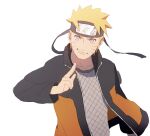  1boy blonde_hair closed_mouth commentary_request english_commentary forehead_protector headband hood hoodie jacket long_sleeves looking_at_viewer male_focus mixed-language_commentary naruto_(series) naruto_shippuuden ninja open_clothes open_jacket short_hair simple_background smile solo spiked_hair subuta_(butabutasubuta) upper_body uzumaki_naruto white_background 