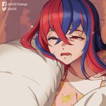  1girl alear_(female)_(fire_emblem) alear_(fire_emblem) blue_eyes blue_hair crossed_bangs drooling english_commentary fire_emblem fire_emblem_engage half-closed_eyes heterochromia highres johncgz limmy_waking_up_(meme) long_hair meme messy_hair mouth_drool multicolored_hair open_mouth pikachu pillow red_eyes red_hair revision saliva sleepy solo split-color_hair squeans two-tone_hair very_long_hair waking_up 