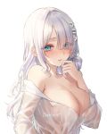  1girl bad_id bad_pixiv_id bare_shoulders blue_eyes blush breasts cleavage closed_mouth collarbone collared_shirt commission copyright_request hair_between_eyes hair_ornament hair_over_one_eye hairclip hand_up highres large_breasts long_hair long_sleeves looking_at_viewer mohaka_(m_0haka) multicolored_hair no_bra off_shoulder see-through shirt sidelocks simple_background solo sweat tearing_up two-tone_hair upper_body very_long_hair wet wet_clothes wet_shirt white_background white_hair white_shirt x_hair_ornament 