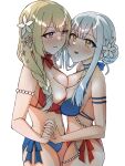  2girls arm_strap assault_lily bare_arms bare_shoulders bikini blonde_hair blue_bikini blunt_bangs blush borrowed_clothes braid braided_ponytail breast_press breasts commentary_request cowboy_shot eye_contact flower from_side grey_hair hair_bun hair_flower hair_ornament hair_over_shoulder halterneck heads_together highres holding_hands interlocked_fingers kon_kanaho looking_at_another low_ponytail medium_breasts mismatched_bikini miyagawa_takane multiple_girls official_alternate_costume official_alternate_hairstyle pearl_hair_ornament purple_eyes red_bikini shade side-tie_bikini_bottom side_ponytail sidelocks simple_background single_braid single_side_bun standing swimsuit symmetrical_docking white_background white_flower yellow_eyes yuhana_(lily_yuhana) yuri 