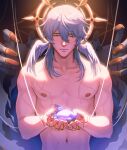  1boy 1other animal artist_name bird chalseu character_request closed_mouth dead_animal grey_hair halo highres holding holding_animal honkai:_star_rail honkai_(series) light male_focus navel nipples nude orange_nails pectorals puppet_strings sad upper_body wing_hair_ornament 