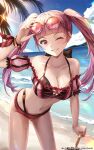  1girl absurdres artist_name beach bikini blunt_bangs breasts collarbone eyewear_on_head fire_emblem fire_emblem:_three_houses fire_emblem_heroes grin highres hilda_valentine_goneril hilda_valentine_goneril_(summer) holding holding_umbrella large_breasts long_hair navel official_alternate_costume one_eye_closed palm_leaf palm_tree parasol pink_bikini pink_eyes pink_hair ryo-suzuki sky smile solo sunglasses swimsuit tree twintails twitter_username umbrella very_long_hair 