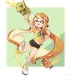  1girl :d bike_shorts border commentary full_body green_background gun holding holding_gun holding_weapon inkling inkling_girl inkling_player_character long_hair midriff_peek navel open_mouth orange_hair outside_border pointy_ears polero_light print_shirt shirt shoes simple_background smile solo splatoon_(series) splatoon_3 splattershot_jr_(splatoon) sticker tentacle_hair torpedo_(splatoon) very_long_hair weapon white_border white_footwear yellow_eyes yellow_shirt 