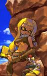  1girl agent_3_(splatoon_3) bandaged_foot bandages black_pants black_shirt blonde_hair blue_sky braid breasts cloud commentary_request english_commentary hero_shot_(splatoon_3) highres ikachangenema inkling inkling_girl inkling_player_character large_breasts long_hair mixed-language_commentary navel open_mouth pants pointy_ears rock shirt single_braid sitting sitting_on_rock sky smallfry_(splatoon) splatoon_(series) splatoon_3 tentacle_hair toes torn_clothes torn_shirt underboob yellow_eyes 