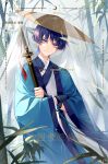  1boy artist_name bamboo blue_hair chinese_clothes chinese_text closed_mouth duijin_ruqun english_text genshin_impact hanfu hat highres holding holding_sword holding_weapon indoors japanese_clothes jiaoling_ruqun jingasa kimono leaf long_sleeves looking_at_viewer male_focus purple_eyes purple_hair scaramouche_(genshin_impact) sheath short_hair smile solo standing sword tassel veil weapon wide_sleeves xuelizi2 