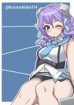  1girl blue_background blue_eyes blue_necktie blue_sailor_collar feet_out_of_frame hair_ribbon headgear highres kantai_collection kurano_kisuke langley_(kancolle) looking_at_viewer medium_hair necktie one-hour_drawing_challenge one_eye_closed pencil_skirt purple_hair ribbon sailor_collar shirt sitting skirt sleeveless sleeveless_shirt solo twitter_username white_shirt 