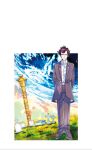  1boy amano_kozue arms_behind_back autumn black_footwear black_hair black_suit blue_sky character_request copyright_request gradient_sky graveyard highres looking_down non-web_source outline pensive sky standing suit tombstone white_outline 