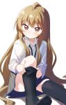  1girl aisaka_taiga black_thighhighs blue_skirt brown_eyes brown_hair closed_mouth commentary dorsiflexion dot_mouth haru_(konomi_150) knee_up long_hair long_sleeves looking_at_viewer no_shoes pleated_skirt putting_on_legwear shirt simple_background sitting skirt solo thighhighs toes toradora! very_long_hair white_background white_shirt wing_collar 