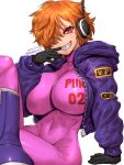  1girl amania_orz arm_support blue_jacket bodysuit breasts clenched_teeth clothes_writing dated hair_over_one_eye highres jacket large_breasts long_sleeves looking_at_viewer one_piece orange_hair pink_bodysuit red_eyes short_hair simple_background sitting smile solo teeth twitter_username vegapunk_lilith white_background 