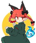  1girl :3 animal_ears blush braid cat_ears closed_mouth dress extra_ears flaming_skull frilled_sleeves frills green_dress highres ini_(inunabe00) kaenbyou_rin long_hair long_sleeves pointy_ears red_eyes red_hair skull sleeve_garter smile solo touhou twin_braids 