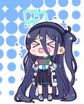 &gt;_&lt; 1girl aris_(blue_archive) black_hair black_hairband black_skirt black_socks blue_archive blue_necktie blush chibi closed_eyes commentary_request facing_viewer flying_sweatdrops full_body hairband halftone halftone_background halo holding jacket kasuga_yuuki long_sleeves necktie nintendo_switch one_side_up open_clothes open_jacket open_mouth outline pleated_skirt puffy_long_sleeves puffy_sleeves shirt shoes skirt socks solo standing sweat wavy_mouth white_footwear white_jacket white_outline white_shirt 