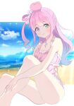  1girl applying_sunscreen beach blue_hair candy_hair_ornament casual_one-piece_swimsuit clothing_cutout commentary_request cross-laced_clothes cross-laced_cutout day food-themed_hair_ornament gradient_hair green_eyes hair_ornament heterochromia highres himemori_luna hololive knees_up kurusu_rei long_hair looking_at_viewer lotion multicolored_hair ocean octopus one-piece_swimsuit one_side_up pink_hair pink_one-piece_swimsuit purple_eyes side_cutout sitting sky smile solo sunscreen swimsuit virtual_youtuber 