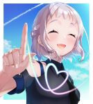  1girl black_shirt blue_sky blush closed_eyes clothing_cutout cloud facing_viewer gakuen_idolmaster grey_hair highres idolmaster index_finger_raised katsuragi_lilja open_mouth shirt short_hair shoulder_cutout sky smile solo sunlight takenoko_(ikenouenoochiba) upper_body 