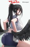  1girl absurdres ass baozouyeguai black_bra black_hair black_wings blue_archive blue_buruma blue_sky bra breasts buruma closed_mouth clothes_lift cloud day feathered_wings from_behind gym_uniform halo hasumi_(blue_archive) hasumi_(track)_(blue_archive) highres large_breasts large_wings long_bangs long_hair looking_at_viewer looking_back low_wings mole mole_under_eye official_alternate_costume ponytail red_eyes removing_bra see-through see-through_shirt shirt shirt_lift short_sleeves sky solo steaming_body sweat twitter_username underbutt underwear white_background white_shirt wings 