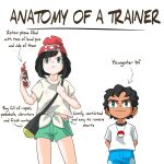  1boy 1girl age_difference anatomy_of_a_gamer_(meme) arms_behind_back arrow_(symbol) bag black_hair blue_shorts closed_mouth commentary english_commentary english_text green_eyes green_shorts hat highres holding looking_at_viewer meme onee-shota panties panty_peek pink_panties pokemon pokemon_sm red_hat rotom rotom_phone selene_(pokemon) shirt short_hair short_shorts short_sleeves shorts simple_background sirah77 smile t-shirt tied_shirt underwear white_background white_shirt youngster_(pokemon) 