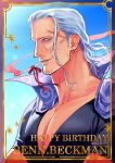  1boy absurdres beard_stubble benn_beckman black_shirt blue_sky cape character_name cigarette cross_scar dated day earrings english_text facial_hair grey_eyes grey_hair hair_slicked_back happy_birthday highres jewelry long_hair looking_at_viewer male_focus momoh_jiyucho one_piece outside_border purple_cape red_ribbon ribbon scar scar_on_face shirt short_sleeves signature sky smoking solo stubble upper_body 