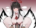  1boy 1girl black_hair black_wings blue_archive blush breasts censored commentary_request cowgirl_position erection female_pubic_hair fujou_joshi girl_on_top halo heart heart_censor hetero highres large_breasts long_hair nipples open_mouth penis pov pubic_hair red_eyes red_halo sex shirt smile solo_focus squatting_cowgirl_position straddling sweat tsurugi_(blue_archive) vaginal very_long_hair white_shirt wings 