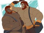  2boys abs absurdres bag bara belt biceps blue_background bulge dark_skin feet_out_of_frame flaming_eye gloves hat hephaestus_(housamo) highres huge_pectorals male_focus male_swimwear manly mature_male multiple_boys muscular muscular_male nipples pants pectorals plump red_eyes red_hair scar short_hair simple_background spiked_hair swim_briefs talos_(housamo) thick_arms thick_eyebrows thick_thighs thighs tokyo_afterschool_summoners topi_(topi5356) topless_male undercut white_background 