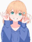 1girl :d adjusting_eyewear aqua_eyes blue_hoodie collarbone commentary crossed_bangs drawstring glasses grin hair_ornament highres hinoshita_kaho hood hood_down hoodie link!_like!_love_live! long_sleeves looking_at_viewer love_live! medium_hair orange_hair rabbit_hair_ornament round_eyewear simple_background smile solo strawberryhat symbol-only_commentary two_side_up upper_body virtual_youtuber white_background yellow-framed_eyewear 