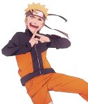  1boy blonde_hair commentary_request english_commentary forehead_protector grin headband jacket long_sleeves looking_at_viewer male_focus mixed-language_commentary naruto_(series) naruto_shippuuden one_eye_closed open_mouth pants short_hair simple_background smile solo spiked_hair subuta_(butabutasubuta) tongue uzumaki_naruto white_background 