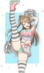  1girl absurdres armpits bow cheerleader commentary_request commission crop_top elbow_gloves gloves green_panties headset highres horizontal-striped_thighhighs kneepits light_brown_hair long_hair looking_at_viewer love_live! love_live!_school_idol_project midriff minami_kotori navel one_eye_closed open_mouth panties pixiv_commission polka_dot polka_dot_bow skirt smile solo split standing standing_on_one_leg standing_split striped_clothes striped_thighhighs takaramonozu thighhighs underwear yellow_eyes zanpon 