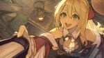  1girl :d absurdres bare_shoulders blonde_hair book book_stack bookshelf breasts cleavage commentary_request green_eyes hide_(hideout) highres lantern long_hair off_shoulder open_mouth original pleated_skirt skirt smile solo teeth 