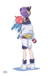  1boy black_hair commentary_request from_behind full_body highres holding holding_poke_ball jacket kanchan_kani kieran_(pokemon) male_focus multicolored_hair poke_ball poke_ball_(basic) pokemon pokemon_sv porygon-z purple_hair shoes shorts simple_background solo standing two-tone_hair white_background white_footwear white_jacket white_shorts yellow_eyes 