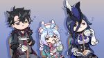  1boy 2girls absurdres ascot bags_under_eyes black_gloves black_hair black_shirt blue_ascot blue_capelet blue_dress blue_eyes blue_hair book bow bowtie capelet chair chibi chibi_only clorinde_(genshin_impact) commentary_request cup dress drinking_straw drop_shadow empty_eyes fingerless_gloves genshin_impact gloves gradient_hair grey_vest hair_between_eyes half-closed_eyes hat hat_feather height_difference highres holding holding_book holding_cup multicolored_hair multiple_girls necktie on_chair parted_lips pink_bow pink_bowtie pouring purple_eyes purple_hair red_necktie sakana_(fishchunk) saucer shirt short_hair sigewinne_(genshin_impact) sitting sleepy teacup tricorne upper_body vest white_gloves white_shirt wriothesley_(genshin_impact) 