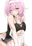  1girl absurdres alternate_costume bare_shoulders black_one-piece_swimsuit blue_eyes blush breasts clothing_cutout collarbone elf elysia_(honkai_impact) elysia_(miss_pink_elf)_(honkai_impact) elysia_(summer_miss_elf)_(honkai_impact) hair_between_eyes headband highres honkai_(series) honkai_impact_3rd large_breasts long_hair one-piece_swimsuit one_eye_closed open_mouth pink_hair pink_pupils pointy_ears saki_(remainaddd) see-through see-through_sleeves side_cutout smile swimsuit underboob white_background white_headband 