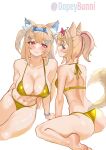  2girls absurdres animal_ear_fluff animal_ears arm_support ass bandaid bandaid_hair_ornament barefoot bikini blonde_hair blue_eyes blue_hair blush breasts colored_inner_animal_ears commentary dog_ears dog_girl dog_tail dopeybunni english_commentary fang fuwawa_abyssgard gold_bikini hair_ornament hairband highres hololive hololive_english horn_hairband large_breasts long_hair looking_at_viewer looking_back mococo_abyssgard multicolored_hair multiple_girls navel pink_eyes pink_hair pink_hairband ponytail siblings simple_background sisters sitting skin_fang soles streaked_hair string_bikini swimsuit tail twins twitter_username two_side_up virtual_youtuber wariza white_background yokozuwari 