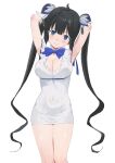  1girl absurdres armpits arms_up black_hair blue_eyes blue_ribbon blush breasts cleavage cleavage_cutout closed_mouth clothing_cutout commentary_request covered_navel cowboy_shot dress dungeon_ni_deai_wo_motomeru_no_wa_machigatteiru_darou_ka gloves hair_ornament hair_ribbon hestia_(danmachi) highres large_breasts long_hair looking_at_viewer pencil_dress pomerachi rei_no_himo ribbon simple_background smile solo standing twintails white_background white_dress white_gloves 