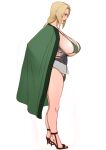  1girl absurdres areola_slip arms_at_sides black_pubic_hair blonde_hair bra breasts collarbone facial_mark female_pubic_hair forehead_mark from_side green_bra green_shawl high_heels highres huge_breasts jnsdh lips low_ponytail mature_female naruto_(series) nipple_slip nipples parted_lips ponytail pubic_hair pubic_hair_peek sagging_breasts sash shawl solo teeth tsunade_(naruto) underwear 
