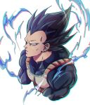  1boy absurdres amachu_a armor aura chromatic_aberration commentary cropped_torso dragon_ball dragon_ball_super earrings furrowed_brow hashtag-only_commentary highres jewelry male_focus muscular muscular_male no_eyebrows profile signature single_earring solo ultra_ego_(dragon_ball) upper_body vegeta widow&#039;s_peak 