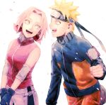  1boy 1girl bare_shoulders blonde_hair commentary_request english_commentary facial_mark forehead_protector gloves green_eyes haruno_sakura hetero jacket mixed-language_commentary naruto_(series) naruto_shippuuden ninja pink_hair short_hair simple_background sleeveless smile spiked_hair subuta_(butabutasubuta) uzumaki_naruto white_background 