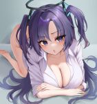  1girl absurdres ass barefoot blue_archive blush bottomless breasts cleavage collarbone collared_shirt fluffyebi01 halo highres long_hair mechanical_halo open_mouth purple_eyes purple_hair shirt short_sleeves solo toes two_side_up white_shirt yuuka_(blue_archive) 