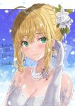  1girl ahoge artoria_pendragon_(fate) blonde_hair blue_gemstone blush braid breasts cleavage closed_mouth commentary elbow_gloves english_text fate/grand_order fate/stay_night fate_(series) flower gem gloves green_eyes hair_between_eyes hair_flower hair_ornament hand_up highres jewelry kazama_(akki12) large_breasts looking_at_viewer medium_hair necklace pearl_necklace saber_(fate) smile solo upper_body white_flower white_gloves 