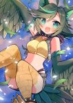  1girl absurdres animal_ears asekeu bare_shoulders bird_legs black_vest blush breasts cat_ears choker crop_top feathered_wings feathers green_eyes green_feathers green_hair green_wings harpy highres long_hair looking_at_viewer medium_breasts midriff monster_girl open_mouth original quill_(asekeu) shorts solo spiked_anklet spiked_choker spikes talons tank_top vest winged_arms wings yellow_tank_top 