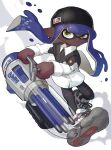  1girl ballpoint_splatling_(splatoon) baseball_cap black_hat black_pants black_shirt blue_hair buttons collared_shirt commentary cross-laced_footwear dark-skinned_female dark_skin full_body grey_footwear gun hat highres holding holding_gun holding_weapon inkling inkling_girl inkling_player_character long_hair pants pointy_ears shirt shoes simple_background solo splatoon_(series) splatoon_3 tentacle_hair torn_clothes torn_pants two-tone_shirt weapon white_background white_footwear white_shirt yattpki3wfyvsm5 yellow_eyes 