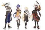  1girl 3boys aether_(genshin_impact) ahoge alternate_hair_length alternate_hairstyle arm_up armor arms_behind_back arms_up asymmetrical_sleeves baggy_pants bandaged_arm bandages bare_shoulders bell belt bennett_(genshin_impact) black_belt black_footwear black_gloves blonde_hair blue_hair blue_pants boots bow braid breasts brown_belt brown_bow brown_dress brown_footwear brown_gloves brown_pants brown_scarf brown_shirt buttons cape chinese_clothes chinese_commentary closed_mouth collared_shirt commentary_request crossed_arms dress earrings fingerless_gloves flower_knot full_body genshin_impact gloves goggles goggles_around_neck gold_trim green_eyes grey_gloves grey_hair grey_shirt hair_between_eyes hair_ornament hair_ribbon hairpin half-closed_eyes hand_on_own_head hand_on_own_hip highres japanese_clothes jewelry kaedehara_kazuha l0017_jr leaf leaf_print leg_warmers long_hair long_sleeves looking_at_another looking_at_viewer maple_leaf maple_leaf_print medium_breasts multicolored_hair multiple_boys navel neck_ribbon one_eye_closed open_mouth pants pelvic_curtain pom_pom_(clothes) ponytail red_eyes red_hair red_pants red_ribbon reflection ribbon sandals scarf shirt short_dress short_hair short_sleeves shoulder_armor simple_background single_earring single_sidelock sleeveless sleeveless_shirt smile socks standing star_(symbol) striped_bow tassel two-sided_gloves two-tone_hair two-tone_shirt white_background white_hair white_ribbon white_scarf white_shirt white_socks wide_sleeves wing_collar xiangling_(genshin_impact) yellow_cape yellow_eyes 