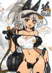  1girl blue_nails bracelet breasts cyborg english_text grey_hair highres jewelry looking_at_viewer mechanical_ears medium_breasts medium_hair multicolored_eyes nancou_(nankou) navel open_mouth original ponytail shirt solo speech_bubble tan tank_top tanlines tied_shirt visor_cap white_tank_top 