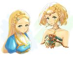  2girls absurdres blonde_hair braid circlet closed_mouth collarbone cropped_torso crown_braid dual_persona earrings eyelashes green_eyes highres jewelry light_frown long_hair magatama magatama_necklace multiple_girls necklace pointy_ears princess_zelda safermii strapless the_legend_of_zelda the_legend_of_zelda:_breath_of_the_wild the_legend_of_zelda:_tears_of_the_kingdom white_background 